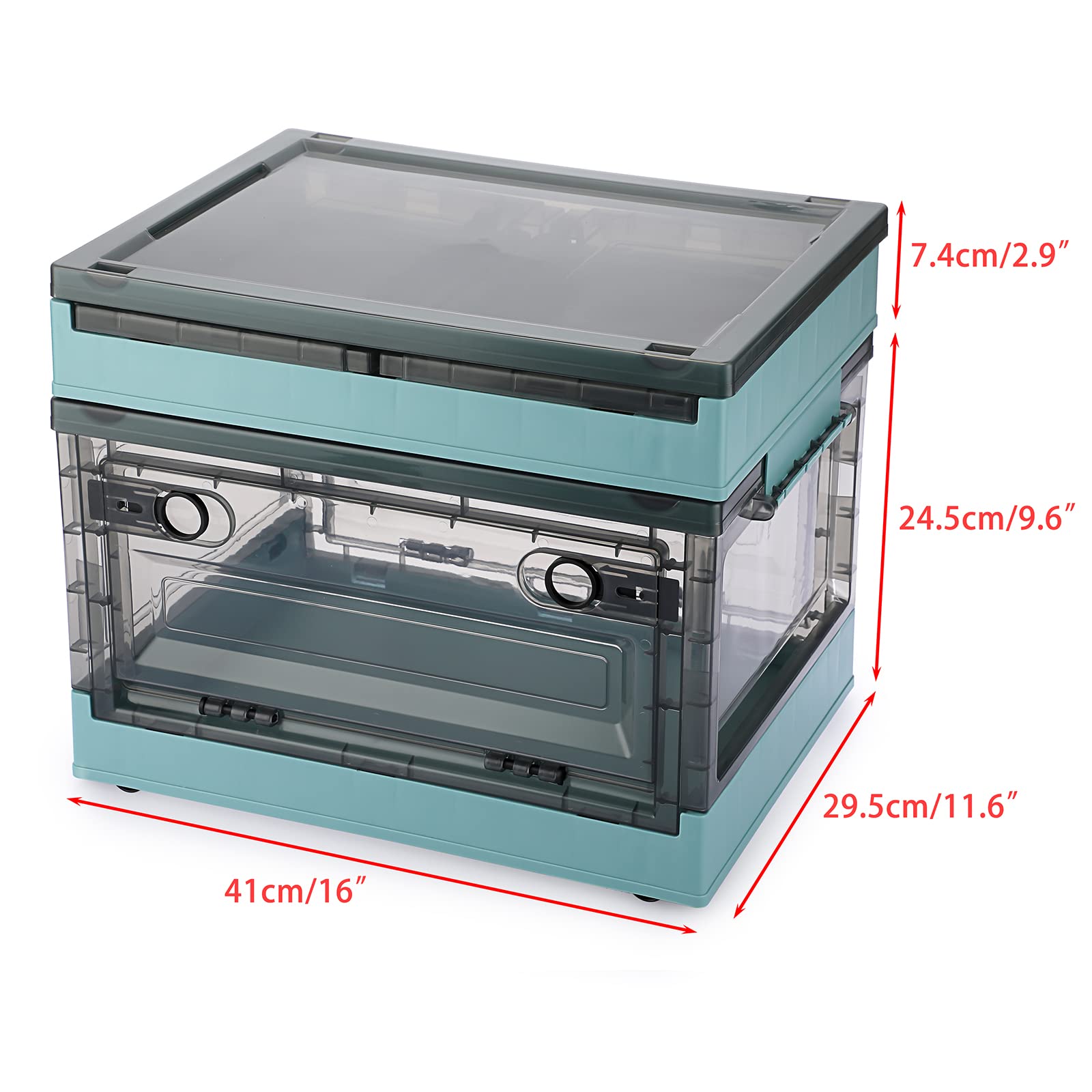 BTSKY 2 Pack Collapsible Storage Bins with Double Side Doors , 20 L Clear Plastic Folding Storage Boxes with Lid , Stackable Plastic Organization Cube Box with Wheels for Home & Office Organization,