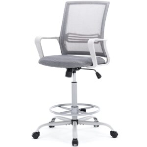 jhk tall drafting home office computer standing desk chair with adjustable foot ring and breathable mesh, ergonomic lumbar support armrest, grey