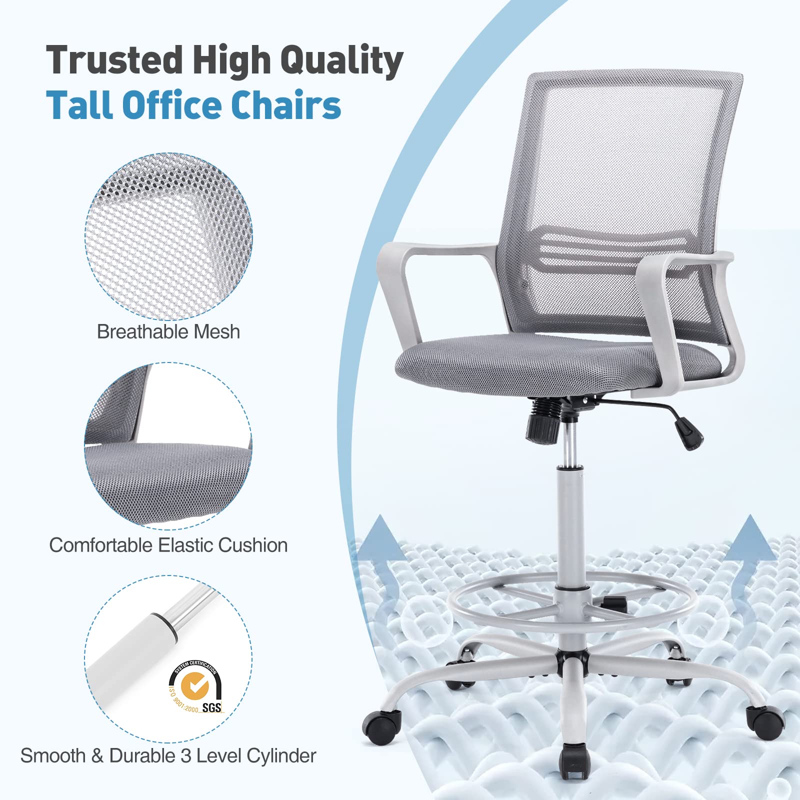 JHK Tall Drafting Home Office Computer Standing Desk Chair with Adjustable Foot Ring and Breathable Mesh, Ergonomic Lumbar Support Armrest, Grey