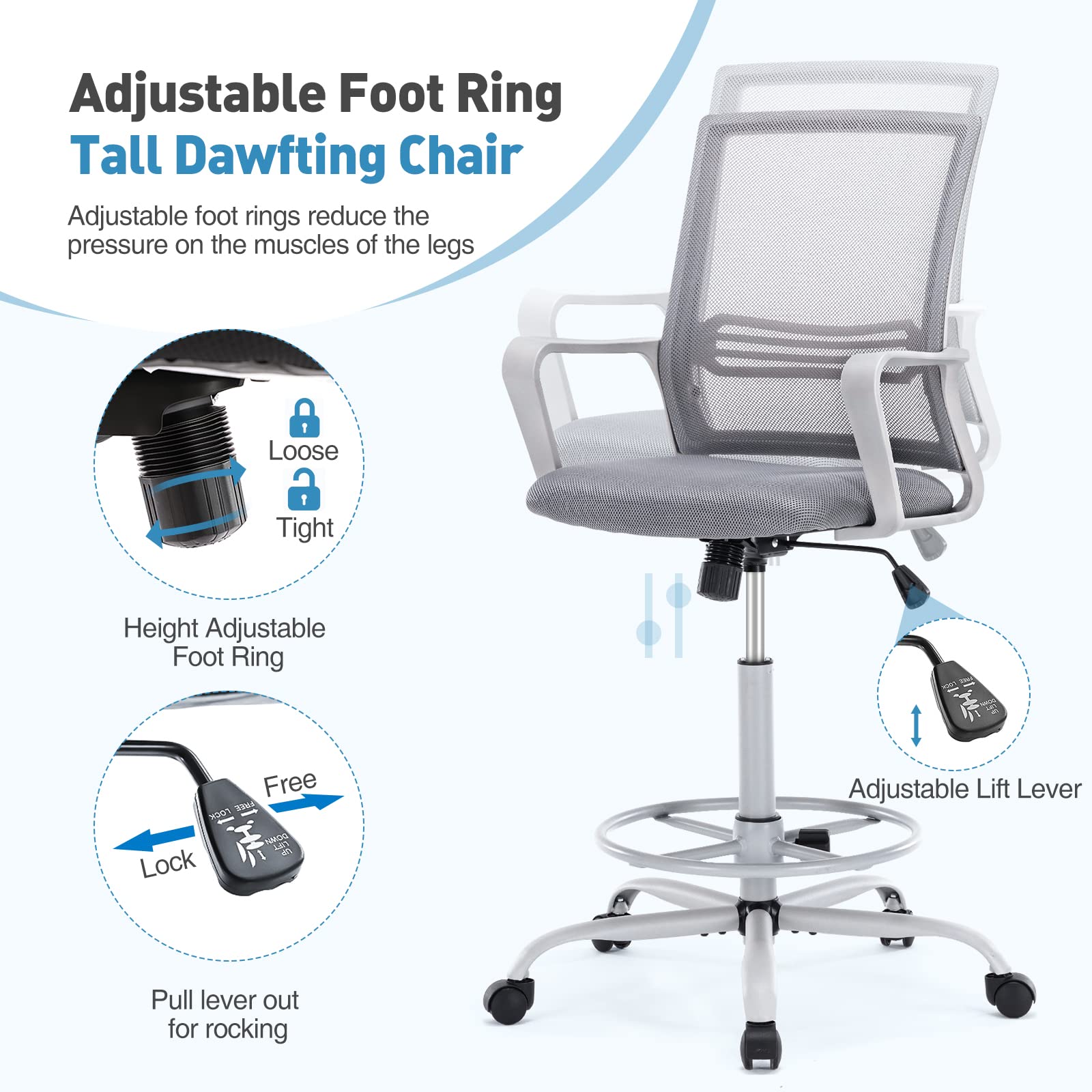 JHK Tall Drafting Home Office Computer Standing Desk Chair with Adjustable Foot Ring and Breathable Mesh, Ergonomic Lumbar Support Armrest, Grey