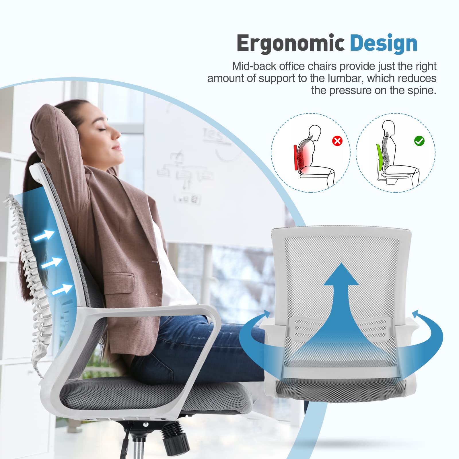 JHK Tall Drafting Home Office Computer Standing Desk Chair with Adjustable Foot Ring and Breathable Mesh, Ergonomic Lumbar Support Armrest, Grey