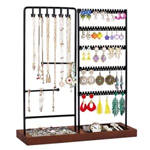 vtopmart jewelry holder organizer stand tree for earring necklace ring bracelets display and storage, with 90 holes, 12 hooks, ring tray, black+ walnut