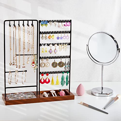 Vtopmart Jewelry Holder Organizer Stand Tree for Earring Necklace Ring Bracelets Display and Storage, with 90 Holes, 12 Hooks, Ring Tray, Black+ Walnut