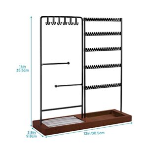 Vtopmart Jewelry Holder Organizer Stand Tree for Earring Necklace Ring Bracelets Display and Storage, with 90 Holes, 12 Hooks, Ring Tray, Black+ Walnut