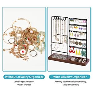 Vtopmart Jewelry Holder Organizer Stand Tree for Earring Necklace Ring Bracelets Display and Storage, with 90 Holes, 12 Hooks, Ring Tray, Black+ Walnut