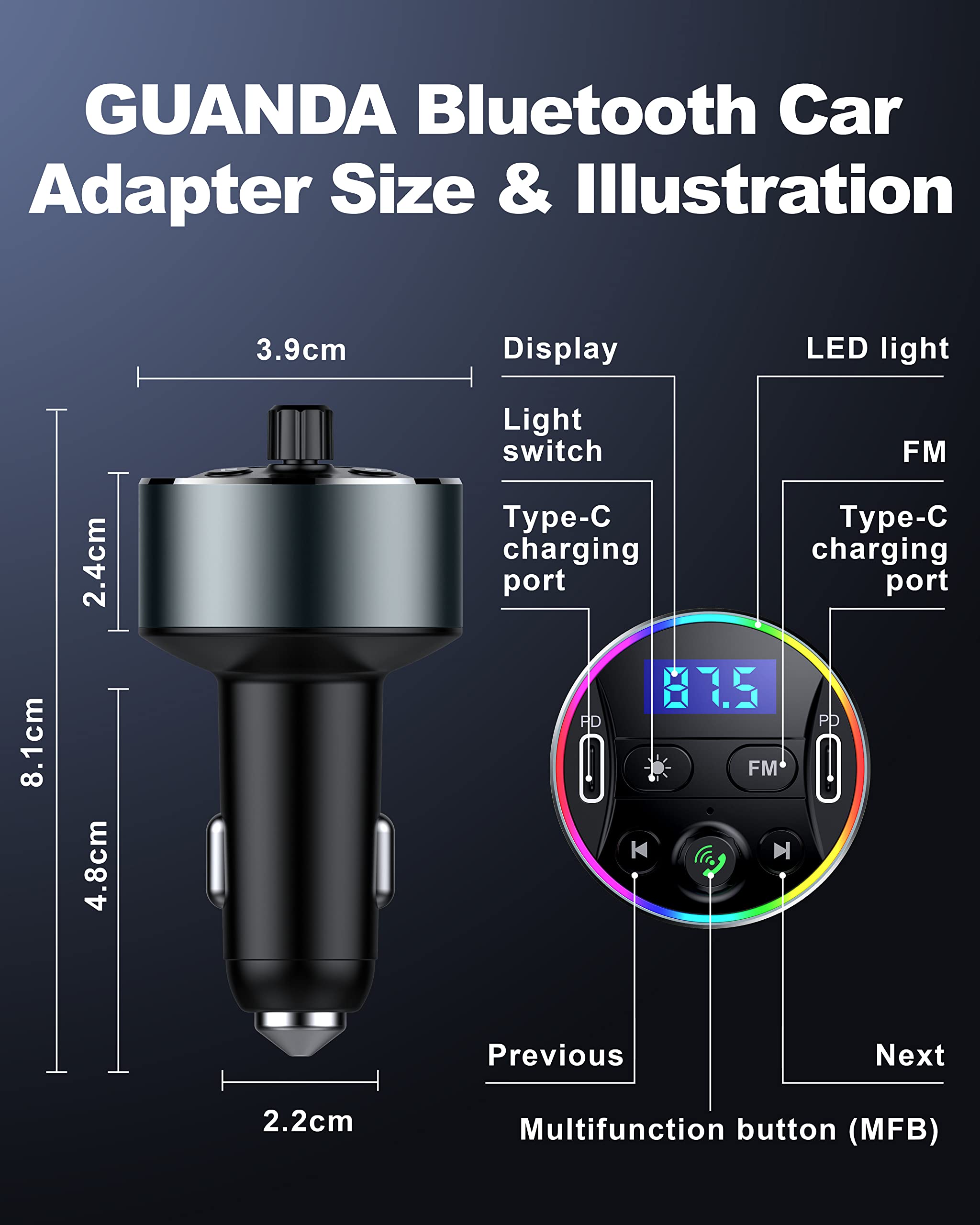 Dual PD 40W Type-C USB Car Charger Bluetooth Car Adapter Bluetooth 5.3 FM Transmitter for Car with Microphone & HiFi Sound MP3 Music Player Radio Audio Receiver Support Hands-Free Calling