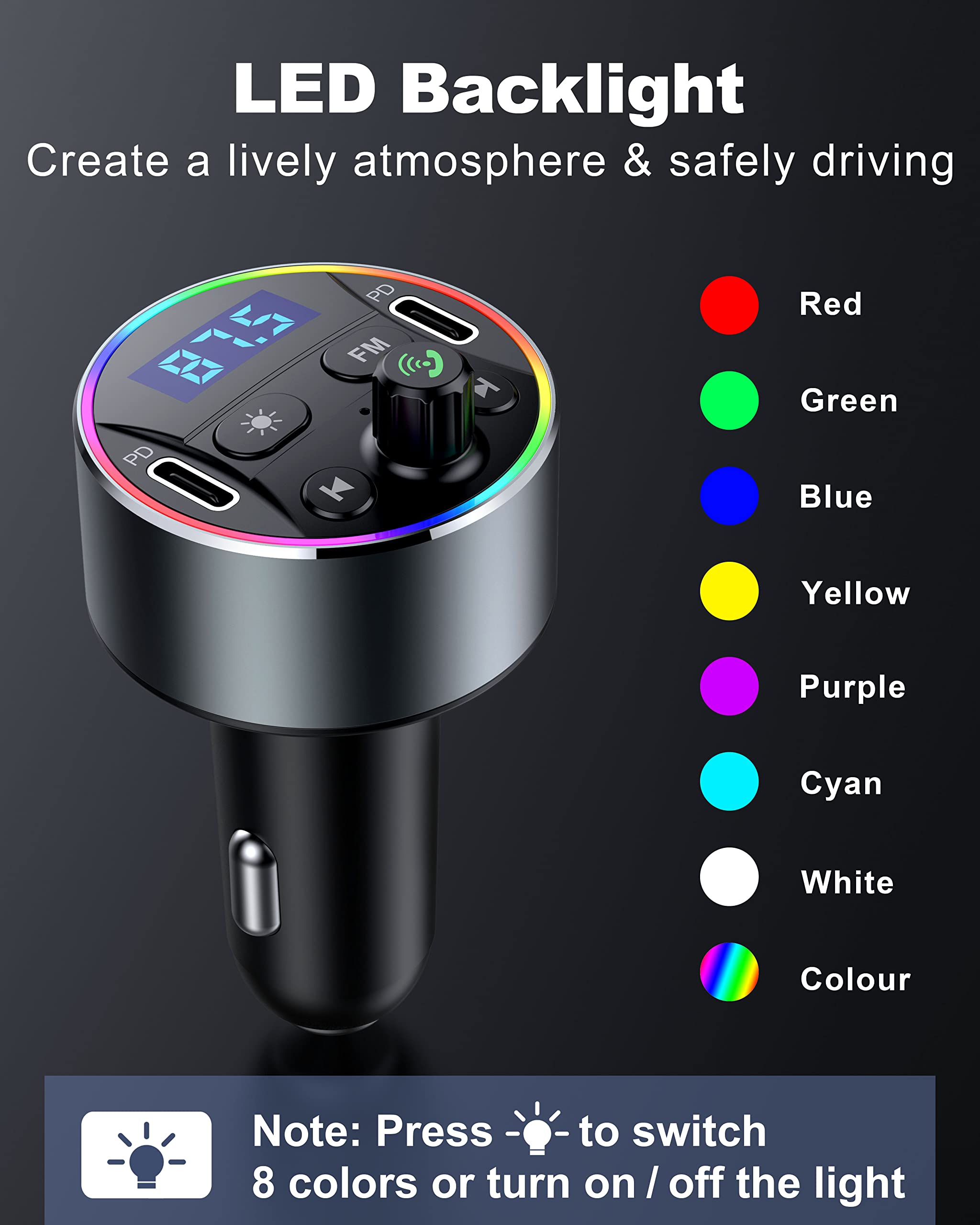 Dual PD 40W Type-C USB Car Charger Bluetooth Car Adapter Bluetooth 5.3 FM Transmitter for Car with Microphone & HiFi Sound MP3 Music Player Radio Audio Receiver Support Hands-Free Calling