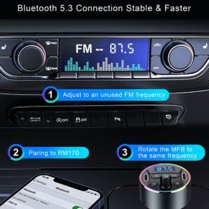 Dual PD 40W Type-C USB Car Charger Bluetooth Car Adapter Bluetooth 5.3 FM Transmitter for Car with Microphone & HiFi Sound MP3 Music Player Radio Audio Receiver Support Hands-Free Calling