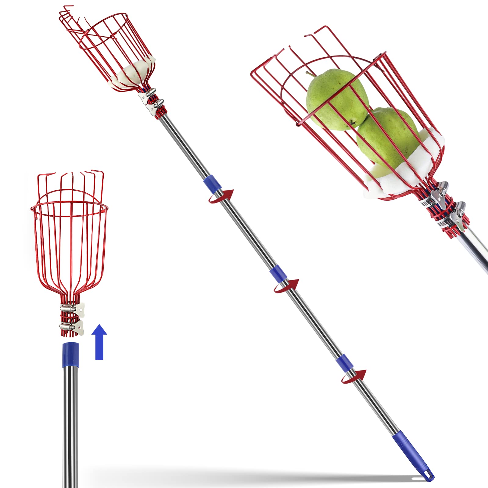 13FT Fruit Picker Pole with Basket Apple Orange Picker Tool Tree Fruit Catcher with Lightweight Stainless Steel Connecting Pole, Sturdy Basket with Foam Pad, Metal Clamp