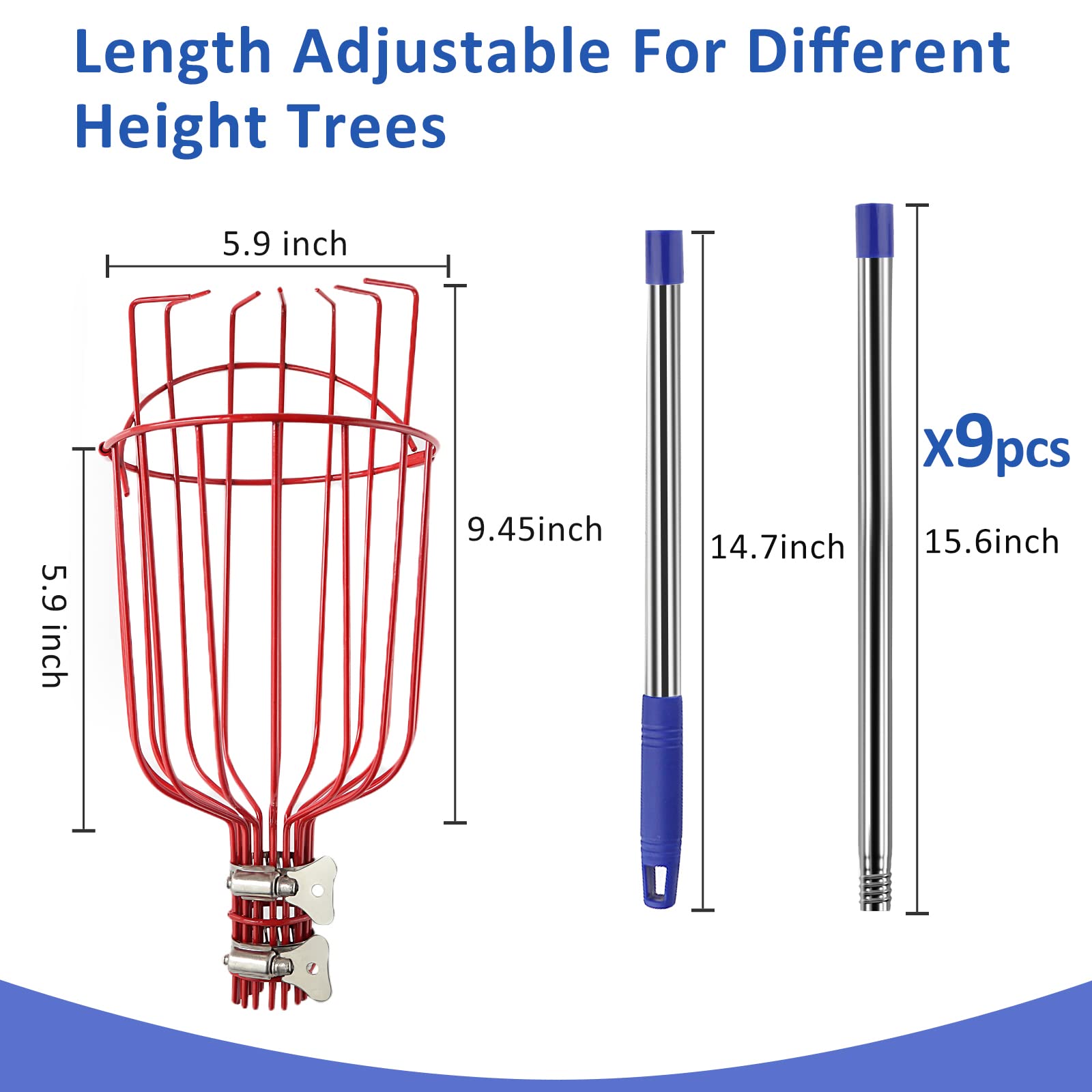 13FT Fruit Picker Pole with Basket Apple Orange Picker Tool Tree Fruit Catcher with Lightweight Stainless Steel Connecting Pole, Sturdy Basket with Foam Pad, Metal Clamp