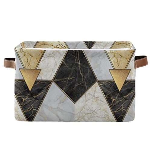 Modern Marbling Gold Black White Marble Geometric Triangle Granite 1 PC Rectangle Storage Basket Collapsible Fabric with Leather Handles Bag Organizer Clothes for Home Bedroom 15 x 11 x 9.5 in