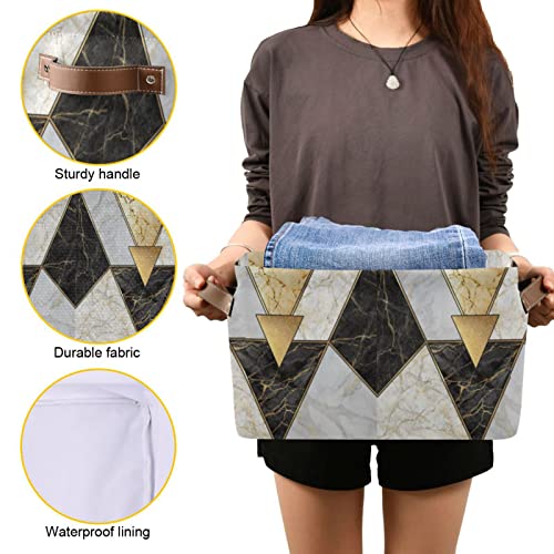 Modern Marbling Gold Black White Marble Geometric Triangle Granite 1 PC Rectangle Storage Basket Collapsible Fabric with Leather Handles Bag Organizer Clothes for Home Bedroom 15 x 11 x 9.5 in