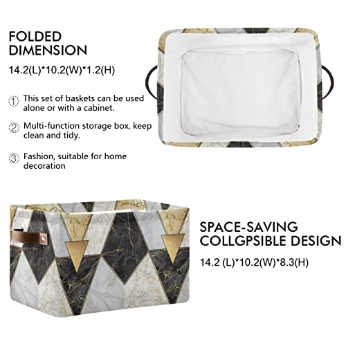 Modern Marbling Gold Black White Marble Geometric Triangle Granite 1 PC Rectangle Storage Basket Collapsible Fabric with Leather Handles Bag Organizer Clothes for Home Bedroom 15 x 11 x 9.5 in