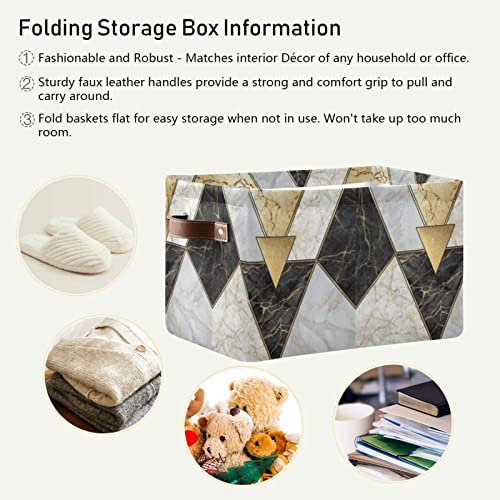 Modern Marbling Gold Black White Marble Geometric Triangle Granite 1 PC Rectangle Storage Basket Collapsible Fabric with Leather Handles Bag Organizer Clothes for Home Bedroom 15 x 11 x 9.5 in