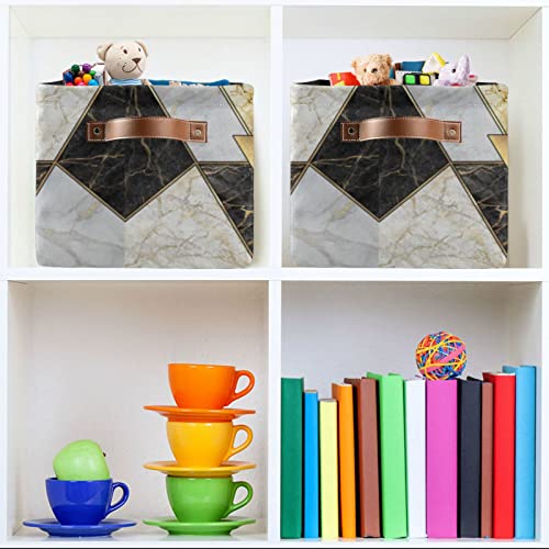 Modern Marbling Gold Black White Marble Geometric Triangle Granite 1 PC Rectangle Storage Basket Collapsible Fabric with Leather Handles Bag Organizer Clothes for Home Bedroom 15 x 11 x 9.5 in