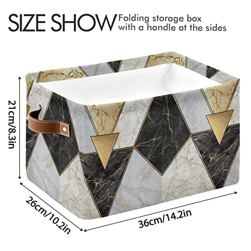 Modern Marbling Gold Black White Marble Geometric Triangle Granite 1 PC Rectangle Storage Basket Collapsible Fabric with Leather Handles Bag Organizer Clothes for Home Bedroom 15 x 11 x 9.5 in