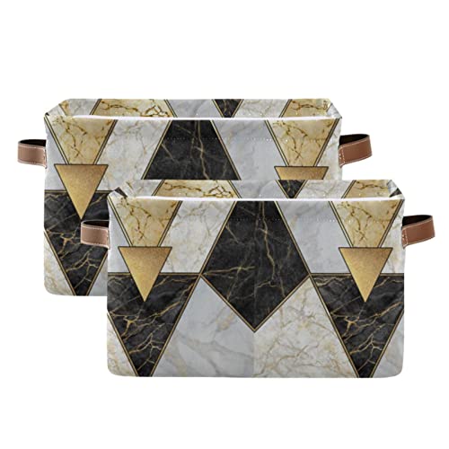 Modern Marbling Gold Black White Marble Geometric Triangle Granite 1 PC Rectangle Storage Basket Collapsible Fabric with Leather Handles Bag Organizer Clothes for Home Bedroom 15 x 11 x 9.5 in