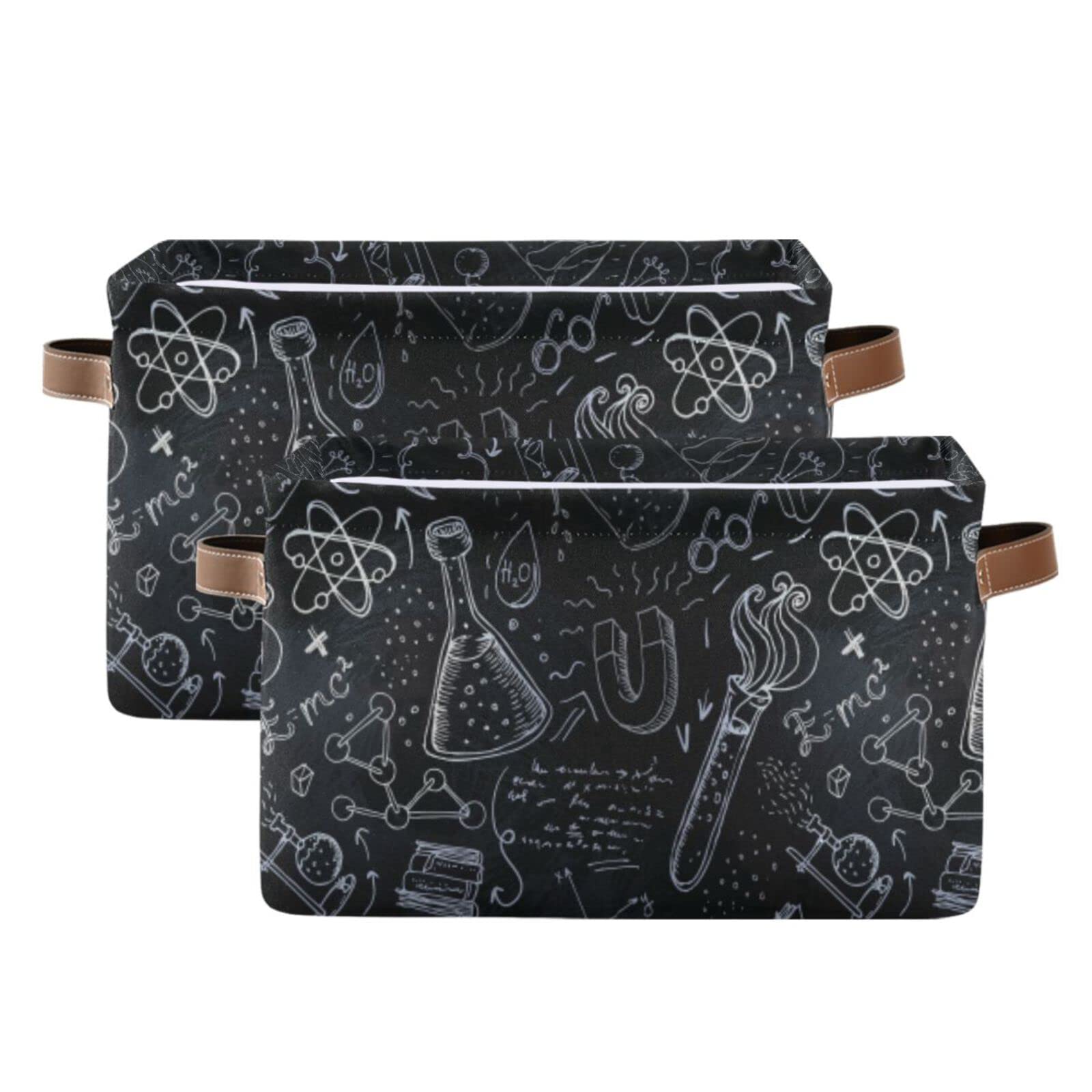 White Science Lab Objects Doodles on Chalkboard 1 PC Rectangle Storage Basket Collapsible Fabric with Leather Handles Bag Organizer Clothes for Home Bedroom 15 x 11 x 9.5 in