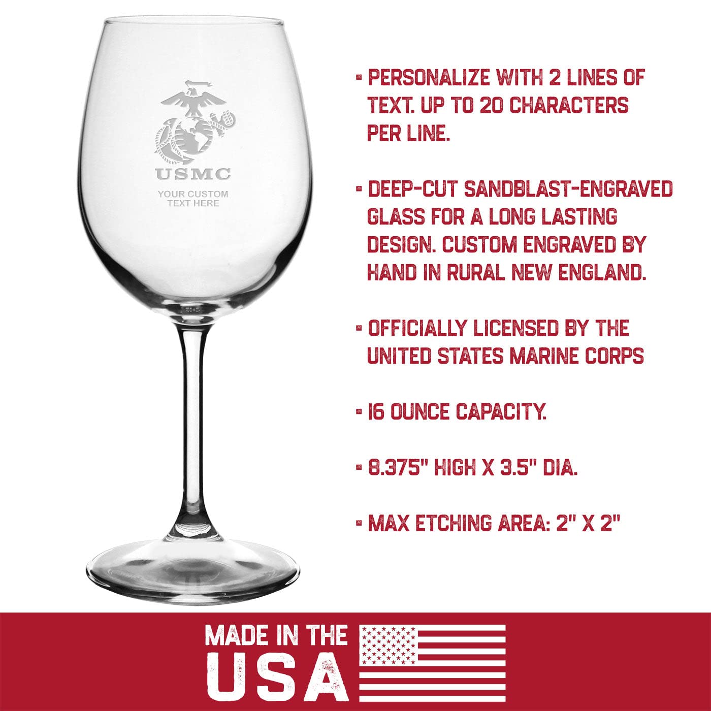 7.62 DESIGN U.S. Marine Corps Eagle Globe & Anchor Personalized 16 oz. Wine Glass