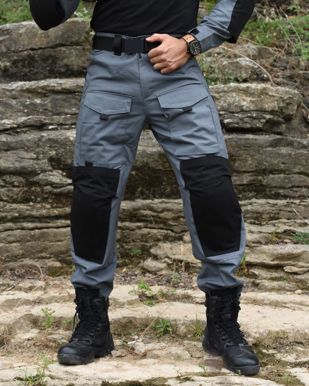 HAN·WILD Men's Combat Pants Tactical Military Pant with Knee Pads Airsoft Hiking Trousers Gray