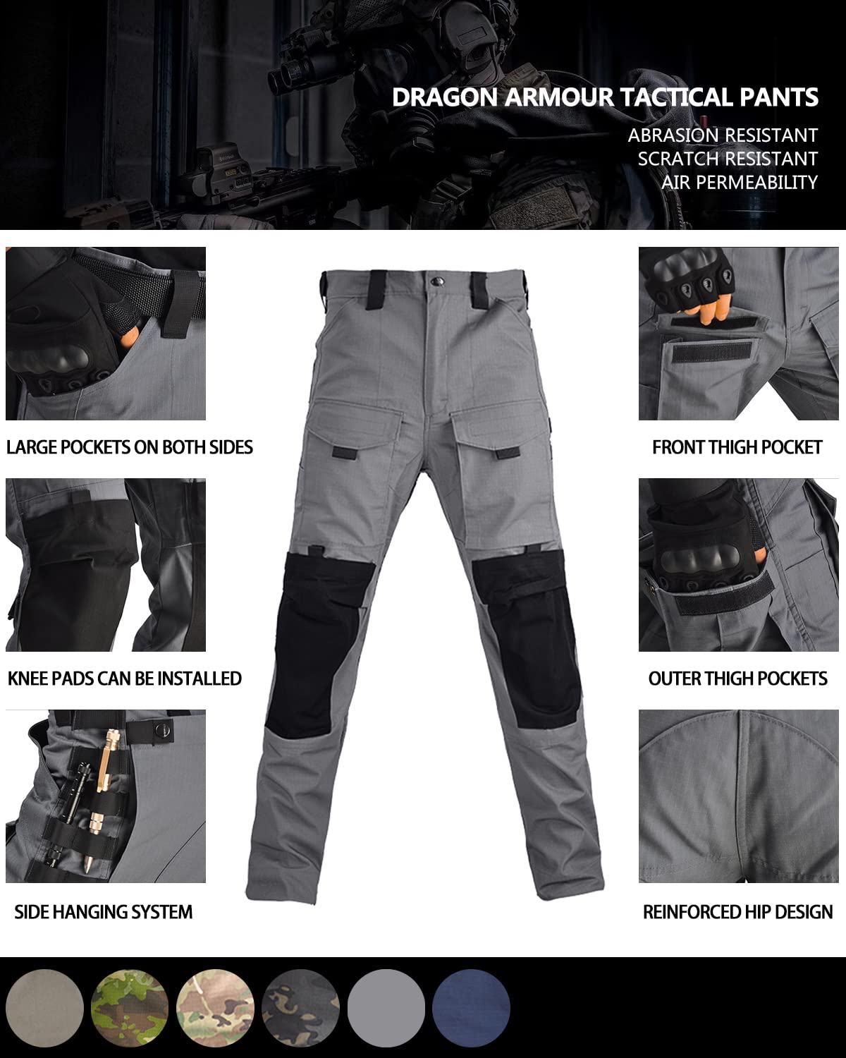 HAN·WILD Men's Combat Pants Tactical Military Pant with Knee Pads Airsoft Hiking Trousers Gray