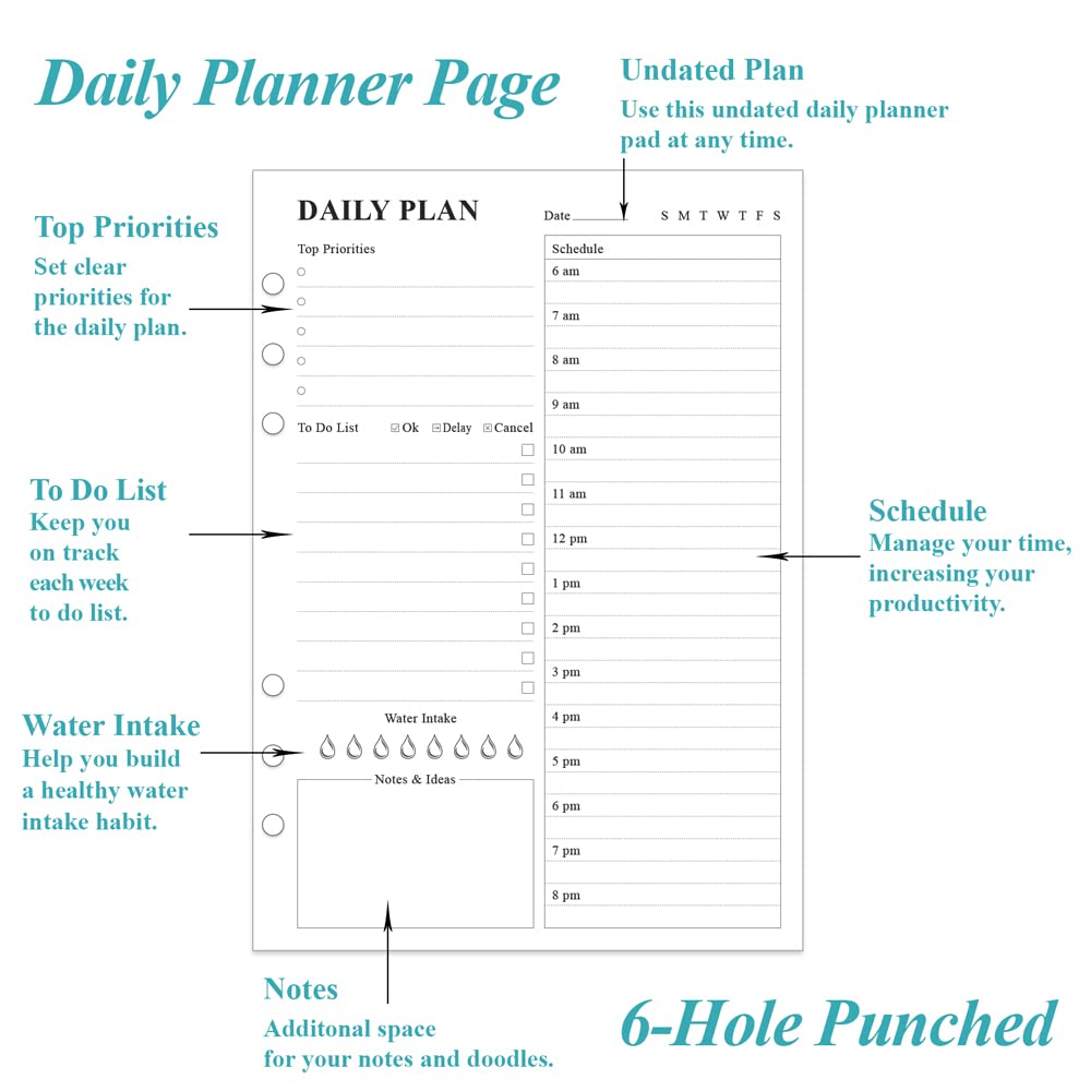 ZGMJ Undated Daily Planner Refill - A5 Day Planner Insect To Do List, 100 Sheets/200 Pages Planner and Lined Refill, 6-Hole Punched, 100 gsm White Paper, 5.8'' x 8.3''