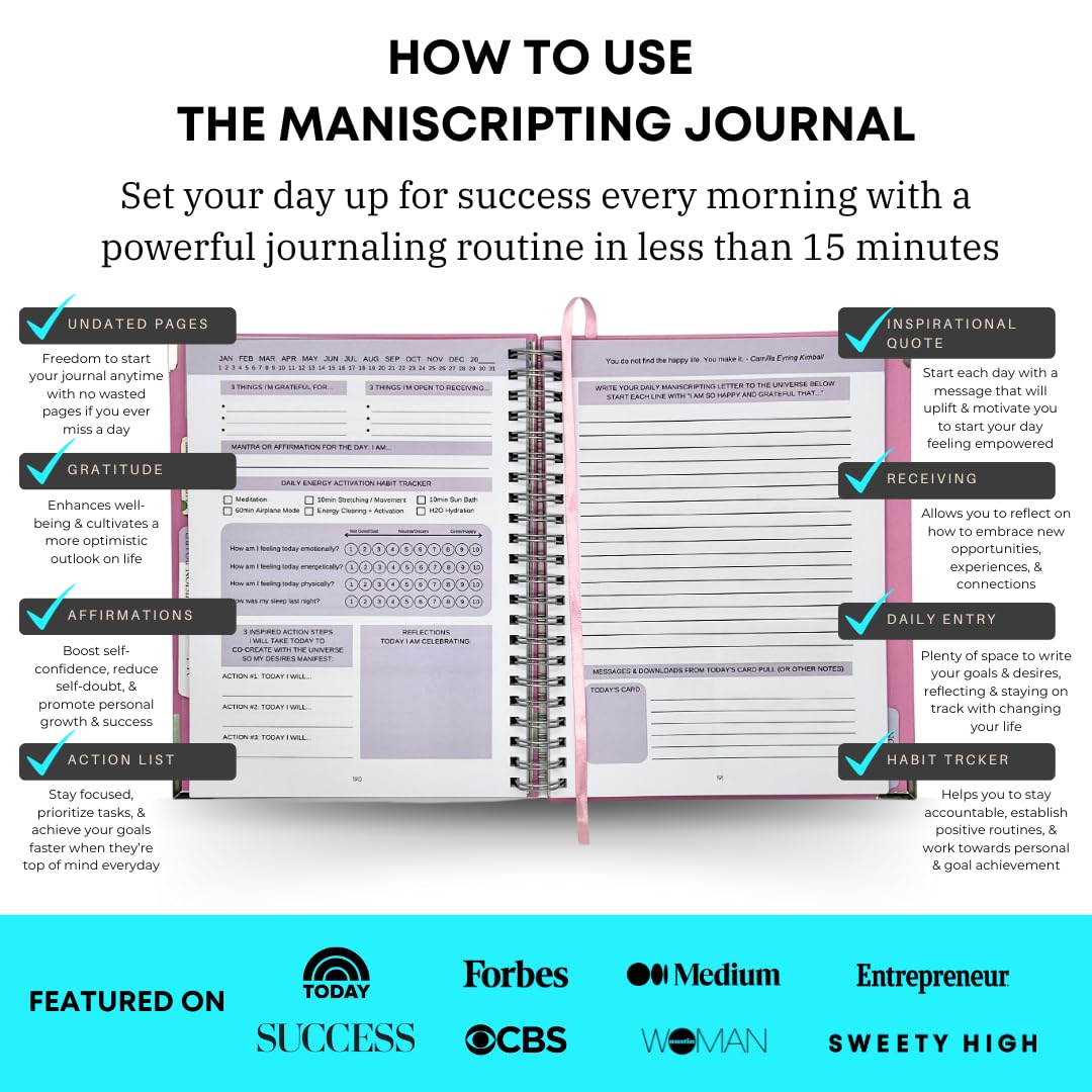 Maniscripting Journal: 90 day journal, guided prompts, daily planner, manifestation journal, gratitude, mindfulness, self love, happiness, wealth, weekly habit tracker, journal for women, undated.