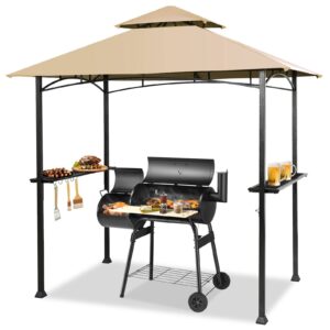 giantex grill gazebo, 8ft x 5ft grill station with canopy, heavy duty steel frame, 2 side shelves, 5 hooks, 8 ground stakes, outdoor grill shelter barbecue tent for backyard patio camping (beige)