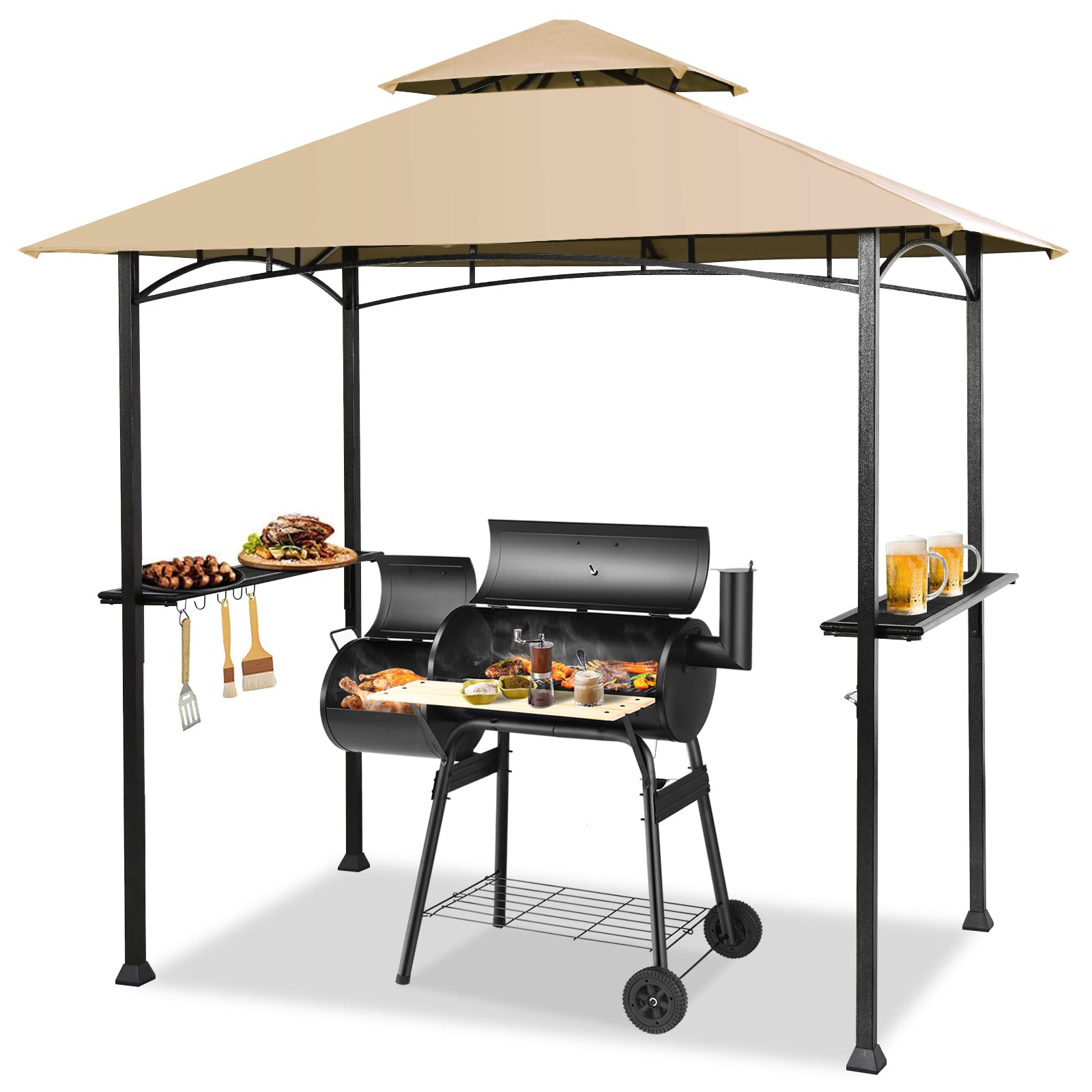 Giantex Grill Gazebo, 8ft x 5ft Grill Station with Canopy, Heavy Duty Steel Frame, 2 Side Shelves, 5 Hooks, 8 Ground Stakes, Outdoor Grill Shelter Barbecue Tent for Backyard Patio Camping (Beige)