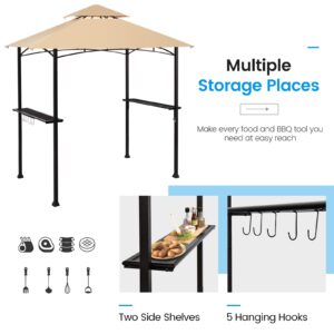 Giantex Grill Gazebo, 8ft x 5ft Grill Station with Canopy, Heavy Duty Steel Frame, 2 Side Shelves, 5 Hooks, 8 Ground Stakes, Outdoor Grill Shelter Barbecue Tent for Backyard Patio Camping (Beige)