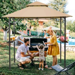 Giantex Grill Gazebo, 8ft x 5ft Grill Station with Canopy, Heavy Duty Steel Frame, 2 Side Shelves, 5 Hooks, 8 Ground Stakes, Outdoor Grill Shelter Barbecue Tent for Backyard Patio Camping (Beige)