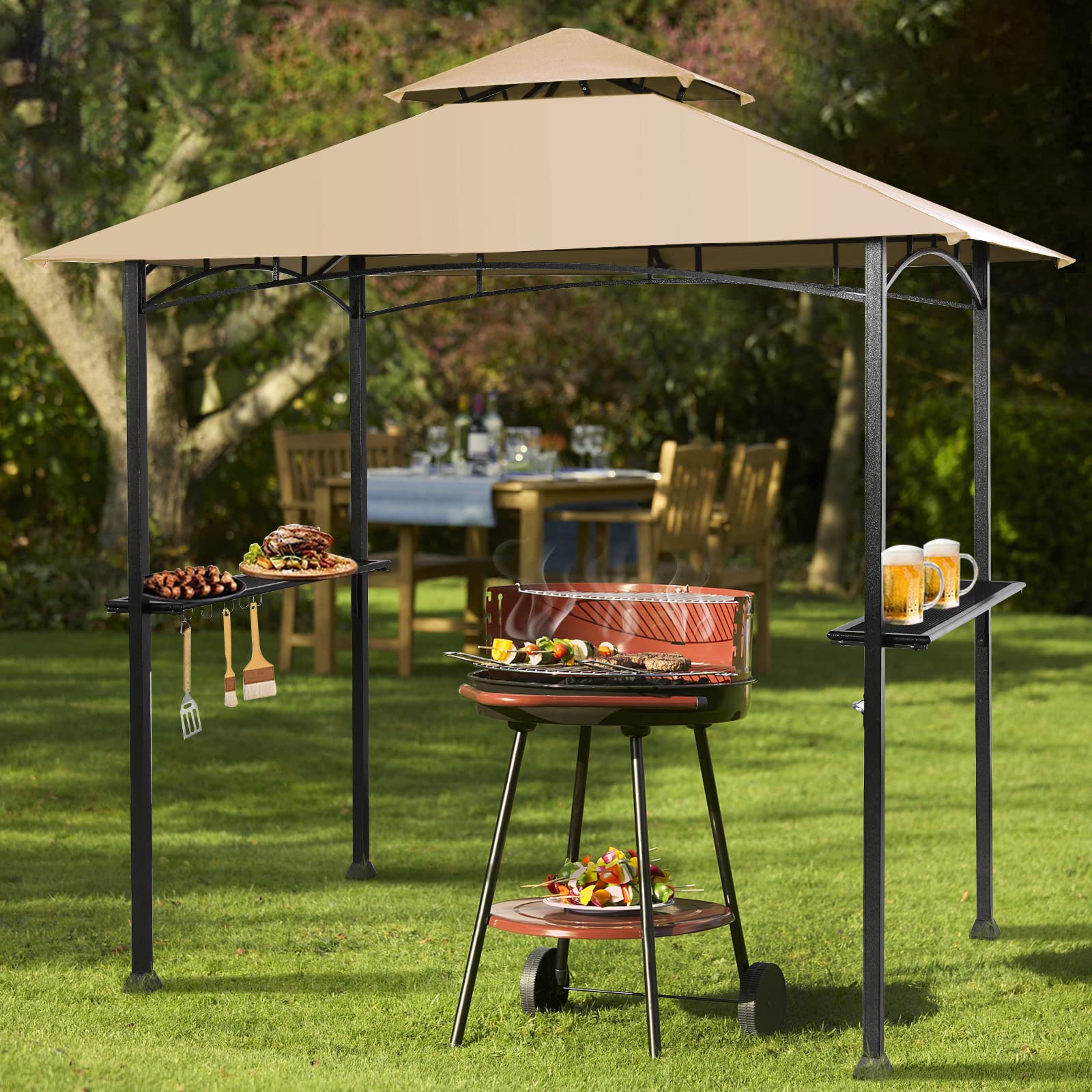 Giantex Grill Gazebo, 8ft x 5ft Grill Station with Canopy, Heavy Duty Steel Frame, 2 Side Shelves, 5 Hooks, 8 Ground Stakes, Outdoor Grill Shelter Barbecue Tent for Backyard Patio Camping (Beige)