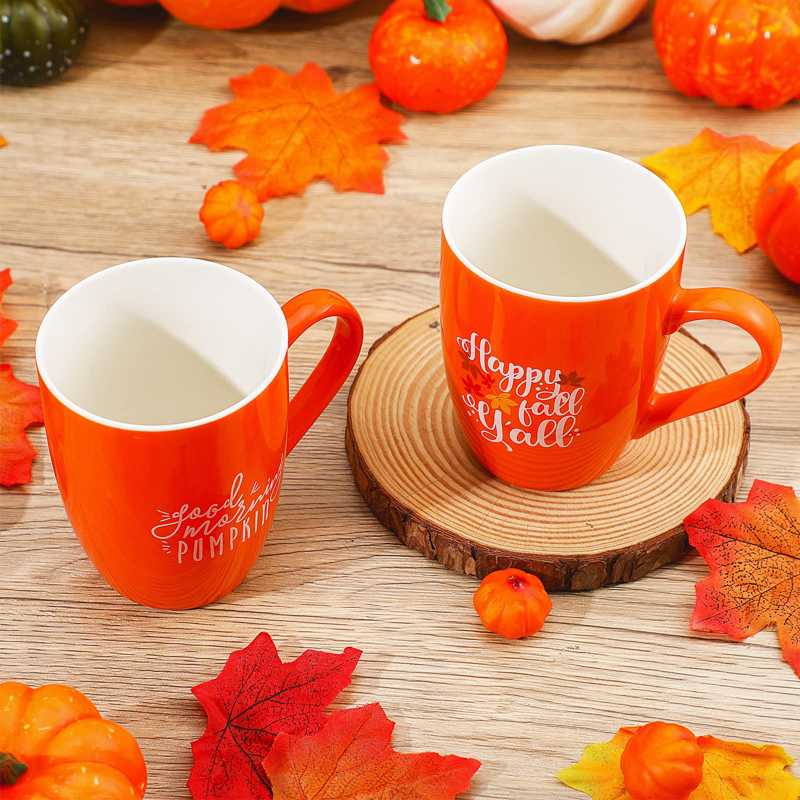 Funtery 2 Pcs Fall Autumn Coffee Mugs Pumpkins Mugs Cups Happy Fall Y'all Coffee Mug Good Morning Pumpkin Cup Camp Mug Campfire Mug Thanksgiving Ceramic Cup for Home Women Men Mom Dad (Orange)