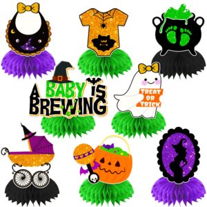 8pcs a baby is brewing halloween table centerpiece, a baby is brewing baby shower decorations black purple ghost witch halloween honeycomb centerpieces for gender reveal baptism party cocomigo