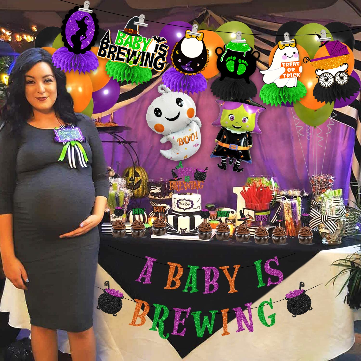 8pcs A Baby is Brewing Halloween Table Centerpiece, A Baby is Brewing Baby Shower Decorations Black Purple Ghost Witch Halloween Honeycomb Centerpieces for Gender Reveal Baptism Party cocomigo