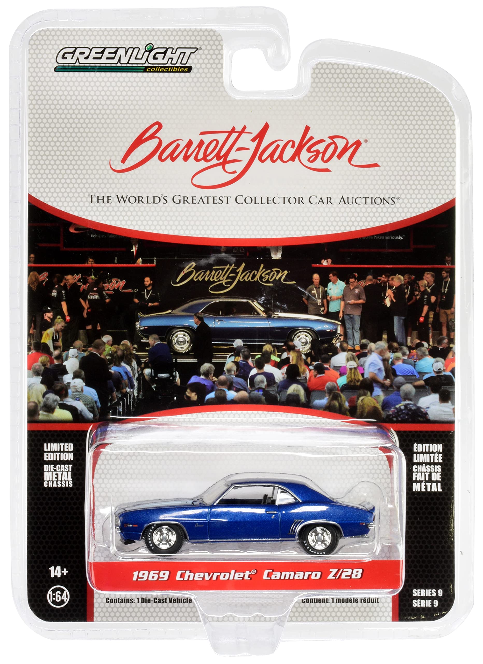 1969 Chevy Camaro Z/28 Dusk Blue Met w/White Stripes (Lot #687.3) Barrett Jackson Scottsdale Edition 1/64 Diecast Model Car by Greenlight 37250 C