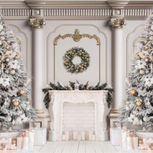 Kate 7×5ft (2.2×1.5m) Christmas Tree Photo Backdrop Xmas Palace Classic Indoor White Fireplace Gifts Decoration Photography Background for Christmas New Year Photographer Studio Props