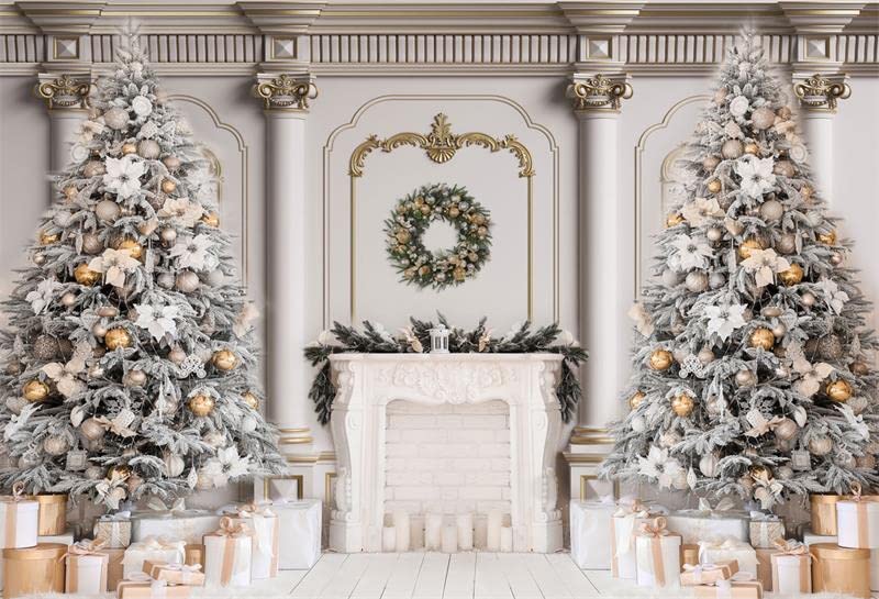 Kate 7×5ft (2.2×1.5m) Christmas Tree Photo Backdrop Xmas Palace Classic Indoor White Fireplace Gifts Decoration Photography Background for Christmas New Year Photographer Studio Props