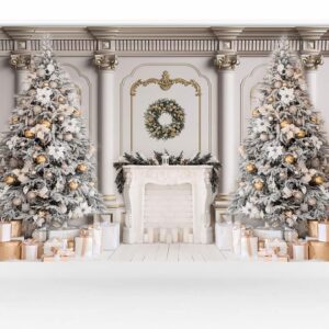 Kate 7×5ft (2.2×1.5m) Christmas Tree Photo Backdrop Xmas Palace Classic Indoor White Fireplace Gifts Decoration Photography Background for Christmas New Year Photographer Studio Props