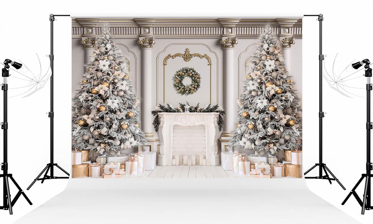 Kate 7×5ft (2.2×1.5m) Christmas Tree Photo Backdrop Xmas Palace Classic Indoor White Fireplace Gifts Decoration Photography Background for Christmas New Year Photographer Studio Props