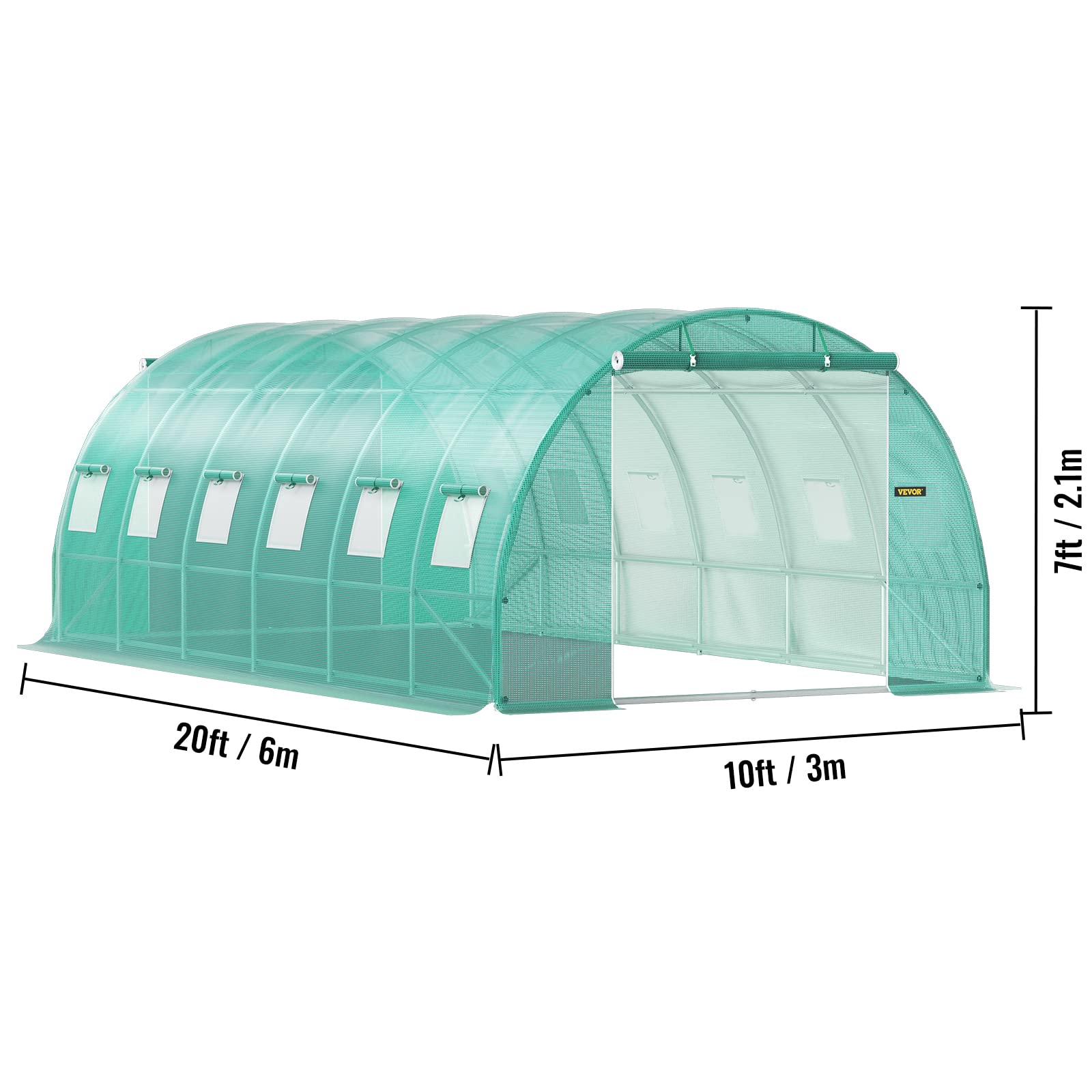 VEVOR Walk-in Tunnel Greenhouse, 20 x 10 x 7 ft Portable Plant Hot House w/Zippered Door, 12 Roll-up Windows, Galvanized Steel Hoops, 3 Top Beam, and 4 Diagonal Poles, Green