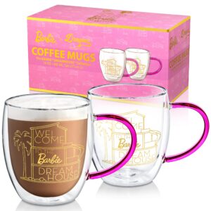 dragon glassware x barbie glass coffee mugs, barbie dreamhouse collection, clear double wall insulated cups with pink handle, keeps beverages hot or cold longer, 16 oz capacity, set of 2