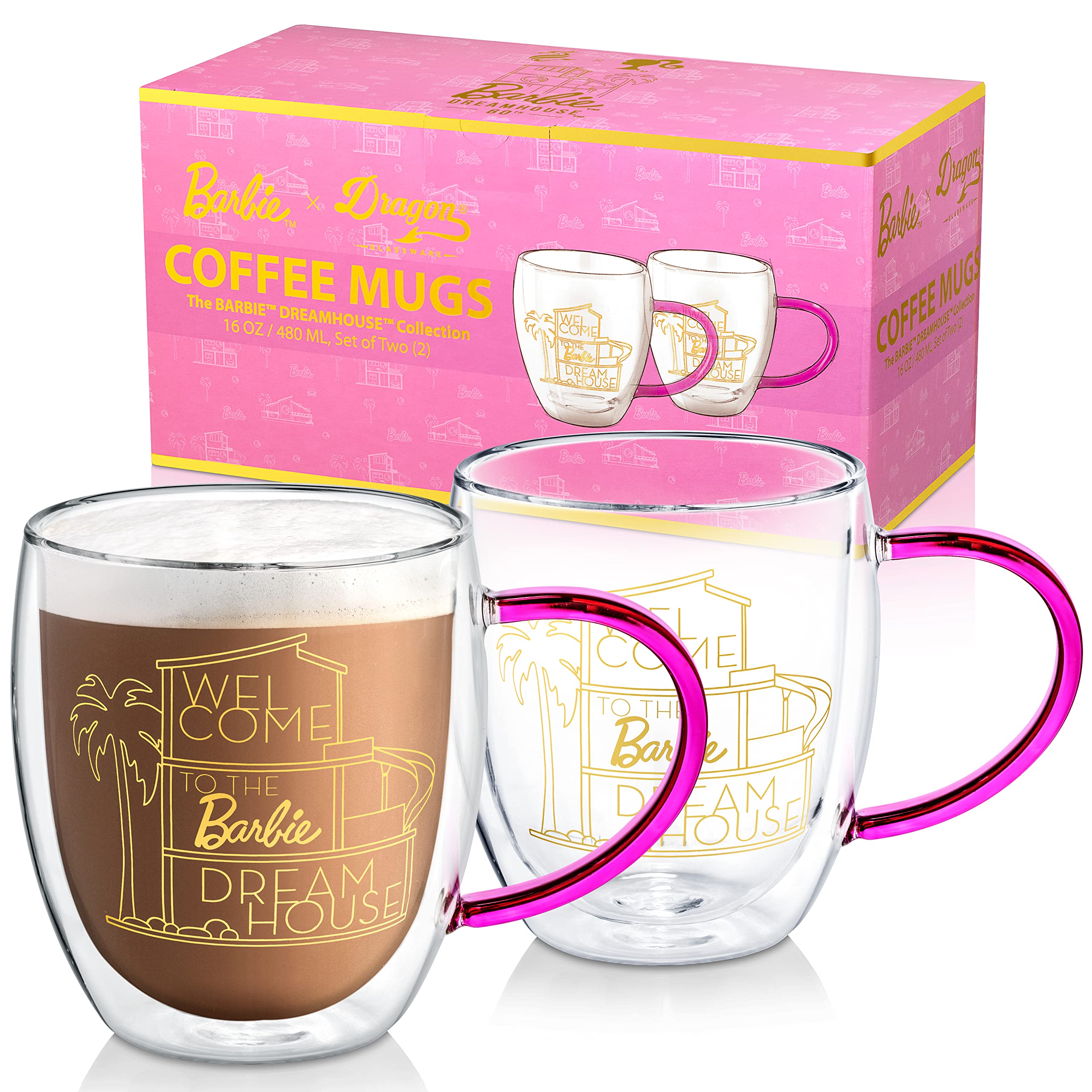 Dragon Glassware x Barbie Glass Coffee Mugs, Barbie Dreamhouse Collection, Clear Double Wall Insulated Cups with Pink Handle, Keeps Beverages Hot or Cold Longer, 16 oz Capacity, Set of 2