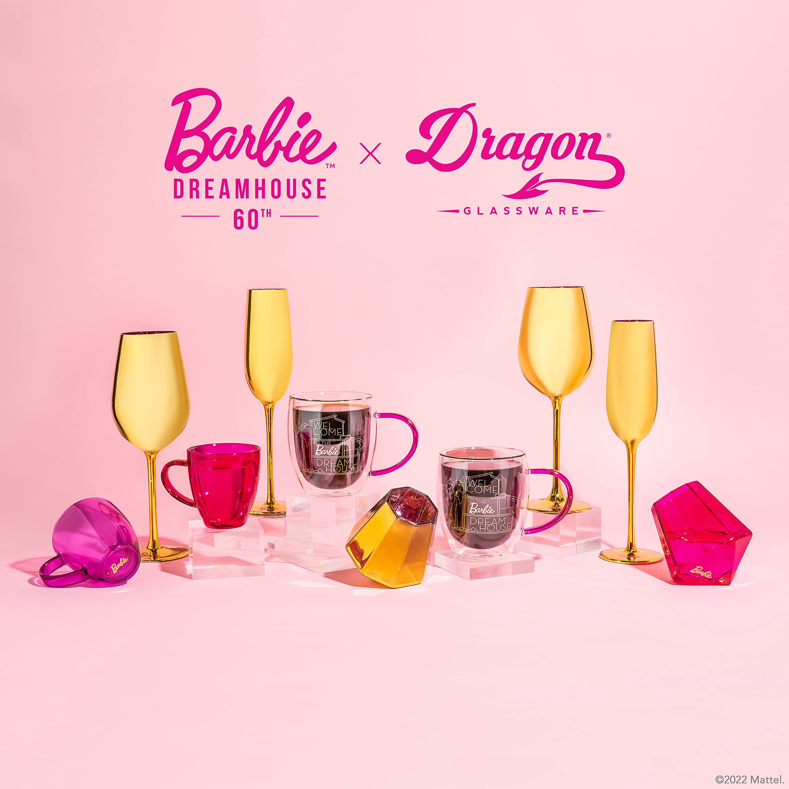 Dragon Glassware x Barbie Glass Coffee Mugs, Barbie Dreamhouse Collection, Clear Double Wall Insulated Cups with Pink Handle, Keeps Beverages Hot or Cold Longer, 16 oz Capacity, Set of 2