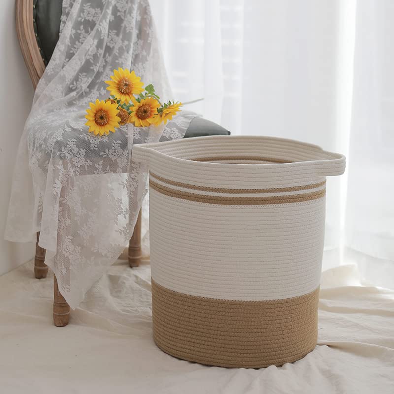 Aeysture Cotton Rope Laundry Hamper,Storage Bins with Handles for Kids Baby Laundry Baskets Extra Large Woven Storage Basket for Bedroom Living Room Bathroom Toy Clothes Blanket (White & Light Brown)