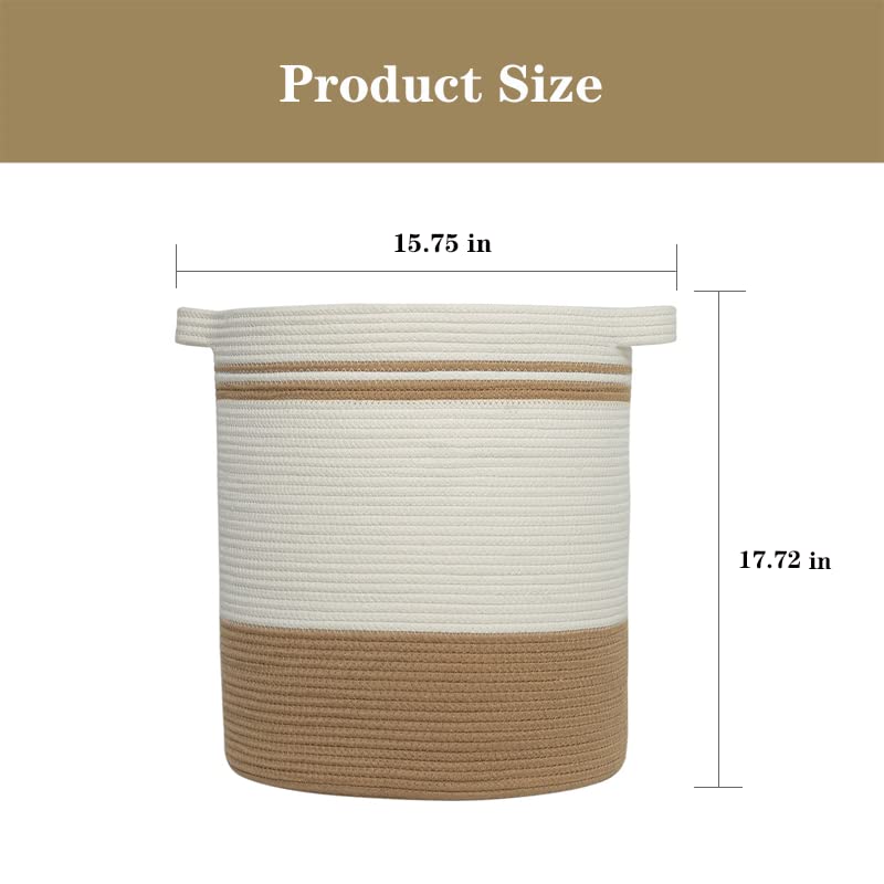 Aeysture Cotton Rope Laundry Hamper,Storage Bins with Handles for Kids Baby Laundry Baskets Extra Large Woven Storage Basket for Bedroom Living Room Bathroom Toy Clothes Blanket (White & Light Brown)