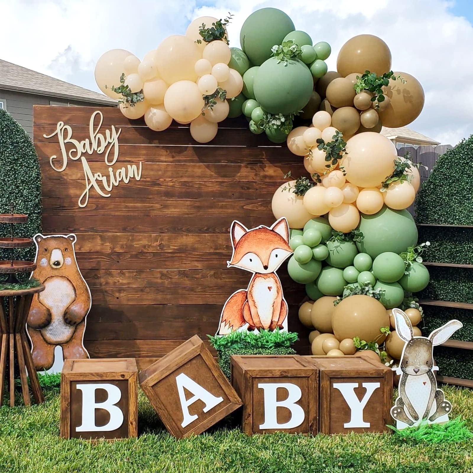 Sage Green Tan Balloon Arch Kit - 134Pcs Retro Olive Green Brown and Nude Neutral Latex Balloons Garland for Baby Shower Gender Reveal Jungle Safari Woodland Theme Birthday Party Decorations Supplies