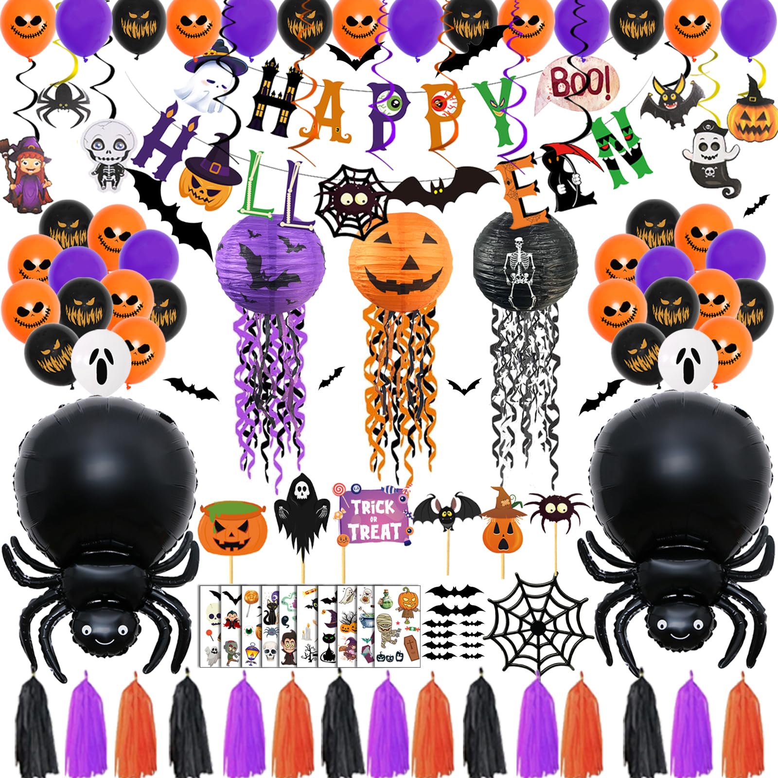 93Pcs Halloween Party Decorations, Halloween Birthday Party Decorations Set Including Happy Halloween Banner Wire Lanterns Glow Tattoos Photo Props Spiders Balloons Hanging Swirls Bats Tassels