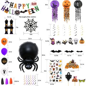 93Pcs Halloween Party Decorations, Halloween Birthday Party Decorations Set Including Happy Halloween Banner Wire Lanterns Glow Tattoos Photo Props Spiders Balloons Hanging Swirls Bats Tassels