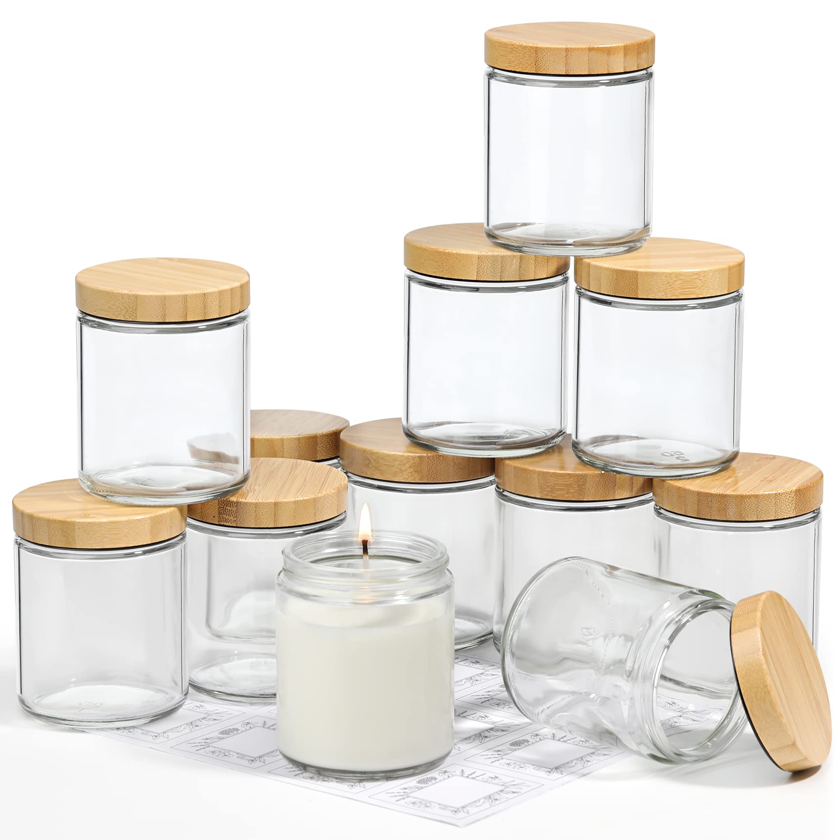 VITEVER 12 Pack, 8 OZ Thick Glass Jars with Bamboo Lids, Bulk Clear Round for Making Candles, Empty Food Storage Containers for Spice, Powder, Liquid